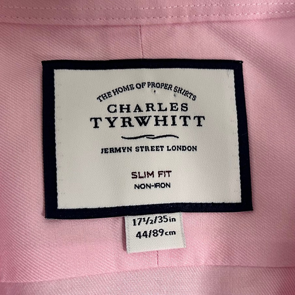 Charles Tyrwhitt 17.5 35 Slim Fit Dress Shirt Pink Non-Iron 100% Cotton Mens - Picture 3 of 9